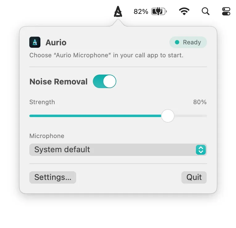 Aurio’s menu bar popover, open beneath its icon: a Ready badge, Noise Removal switched on, strength at 80 percent, and a microphone picker.