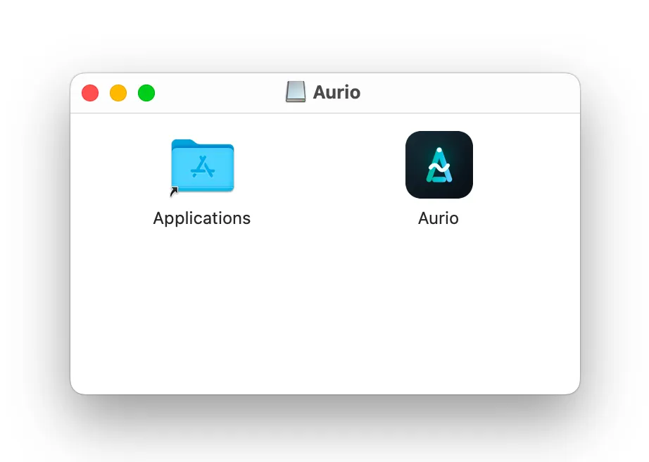 The Aurio disk image open in Finder, with the app beside an Applications shortcut.