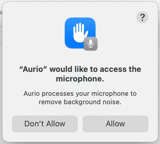 The macOS permission prompt asking to let Aurio access the microphone.