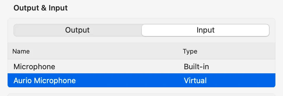 “Aurio Microphone” listed as a virtual input device in macOS Sound settings.